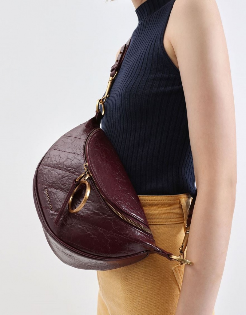 Charles & Keith Philomena Wrinkled Effect Semi-Circle Crossbody Veske Burgunder | FKSNZ0523