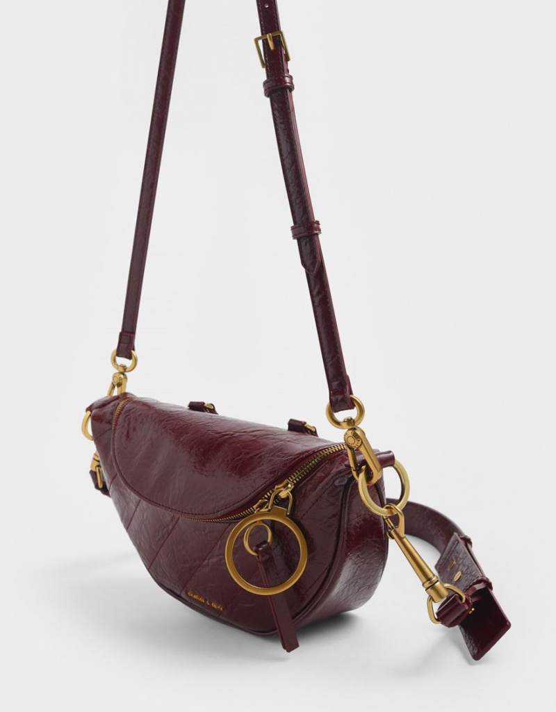 Charles & Keith Philomena Wrinkled Effect Semi-Circle Crossbody Veske Burgunder | FKSNZ0523