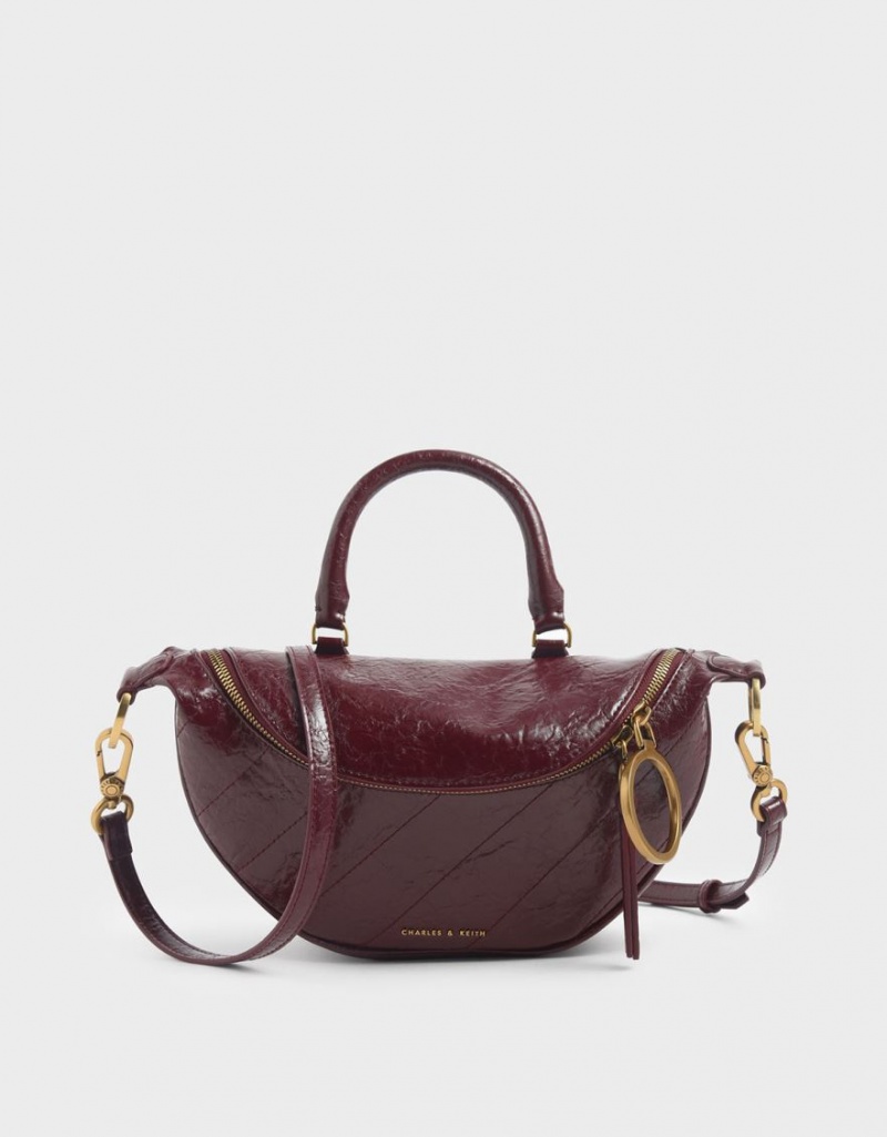 Charles & Keith Philomena Wrinkled Effect Semi-Circle Crossbody Veske Burgunder | FKSNZ0523