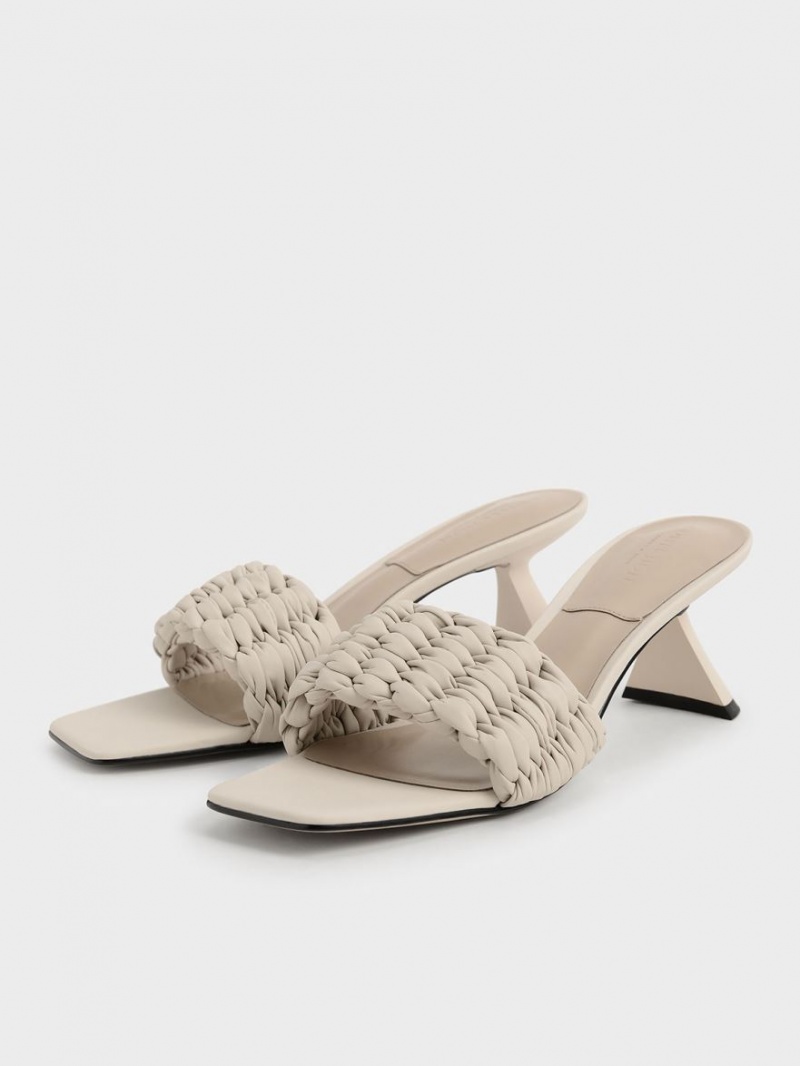 Charles & Keith Plissert Sculptural Sandaler med Hæl Pisket Krem | BOCEQ8945