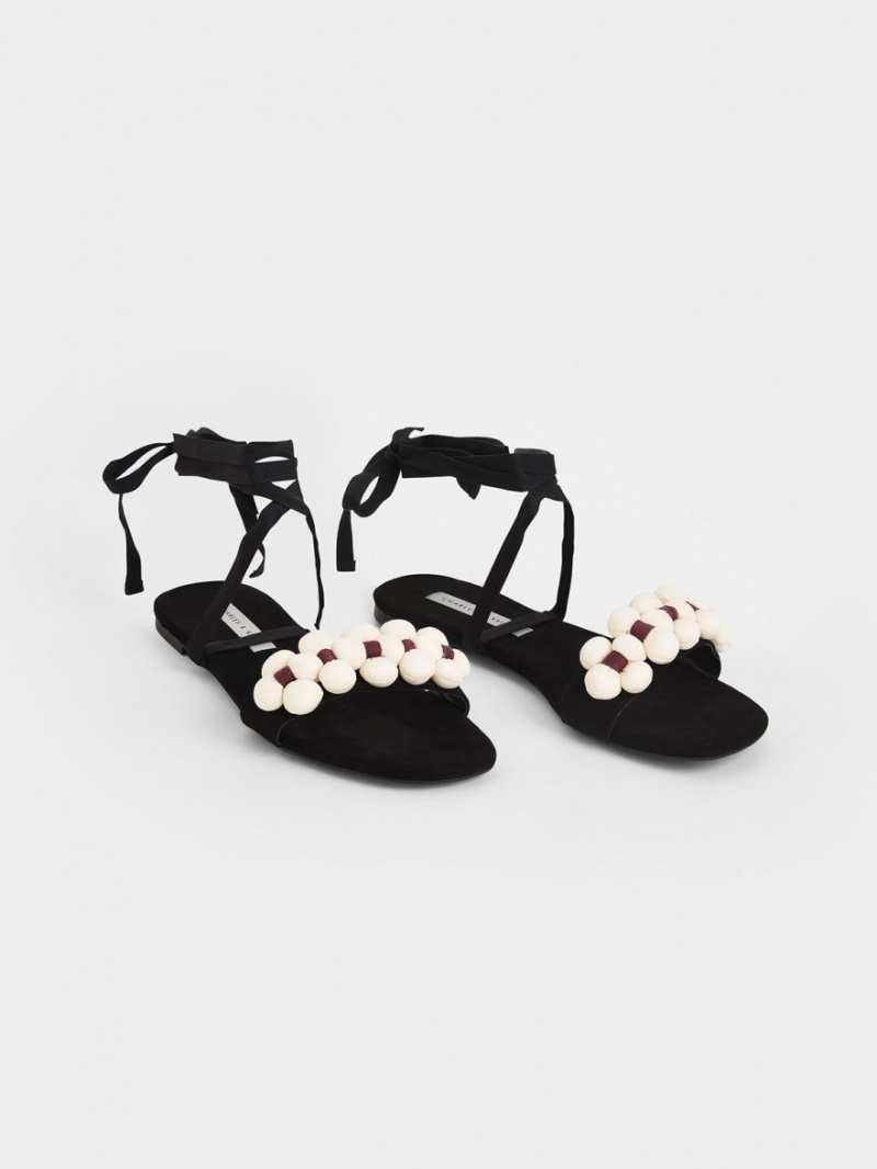 Charles & Keith Pom Pom Tie-Around Flate Sandaler Svarte | YFEMA4812