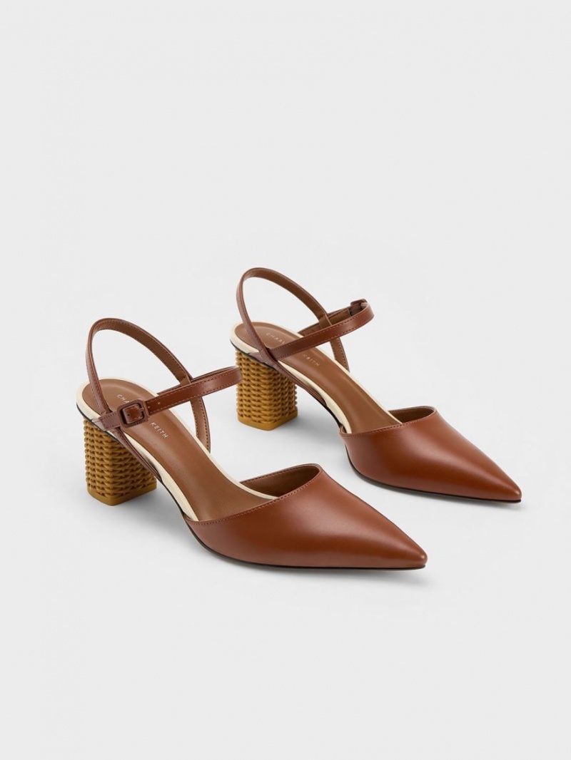 Charles & Keith Rattan Block Heel Pumps Brune | NUVMJ5146