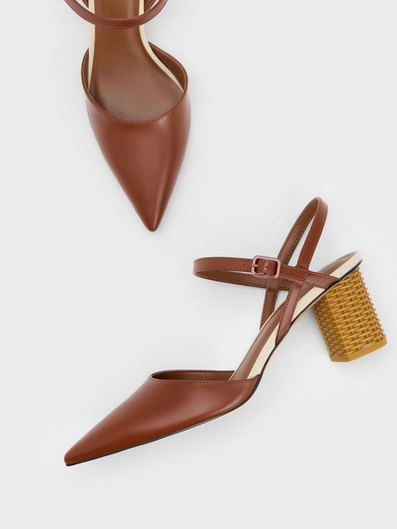 Charles & Keith Rattan Block Heel Pumps Brune | NUVMJ5146