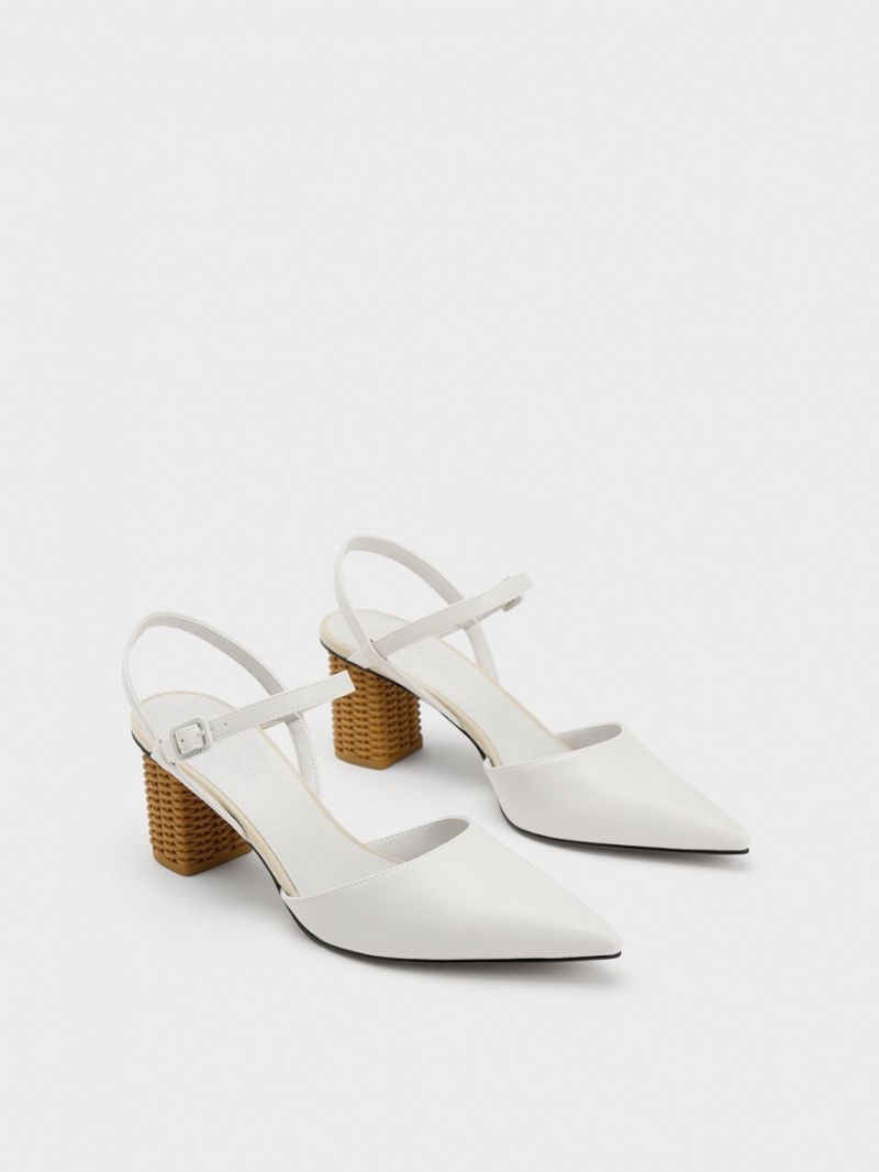 Charles & Keith Rattan Block Heel Pumps Hvite | NMFSO0921