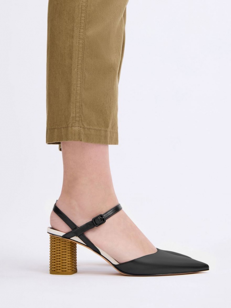 Charles & Keith Rattan Block Heel Pumps Svarte | FKEAB0761