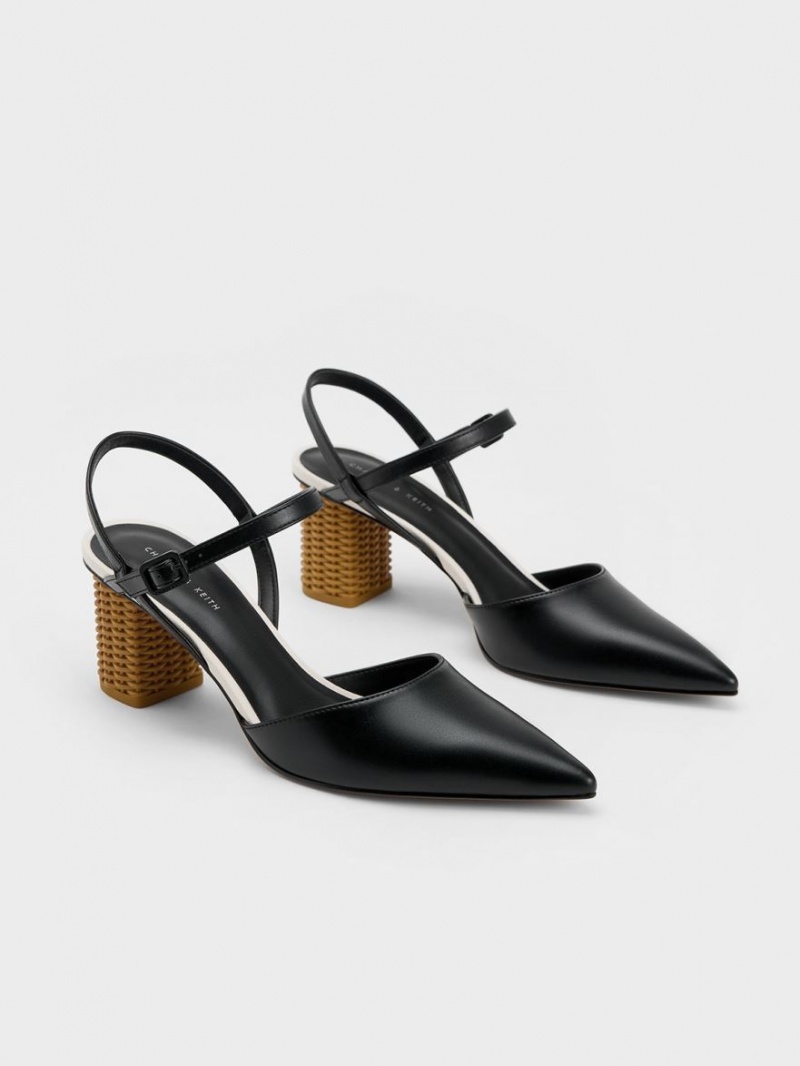 Charles & Keith Rattan Block Heel Pumps Svarte | FKEAB0761