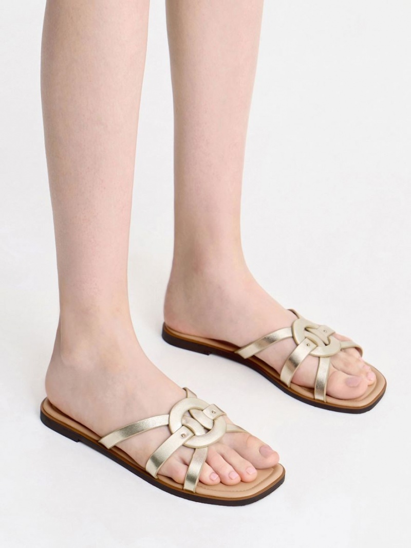 Charles & Keith Ring Detail Metallic Strappy Flats Badesandaler Gull | JZHOI9805