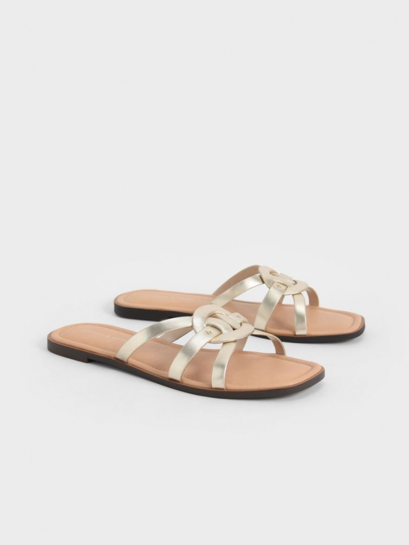 Charles & Keith Ring Detail Metallic Strappy Flats Badesandaler Gull | JZHOI9805