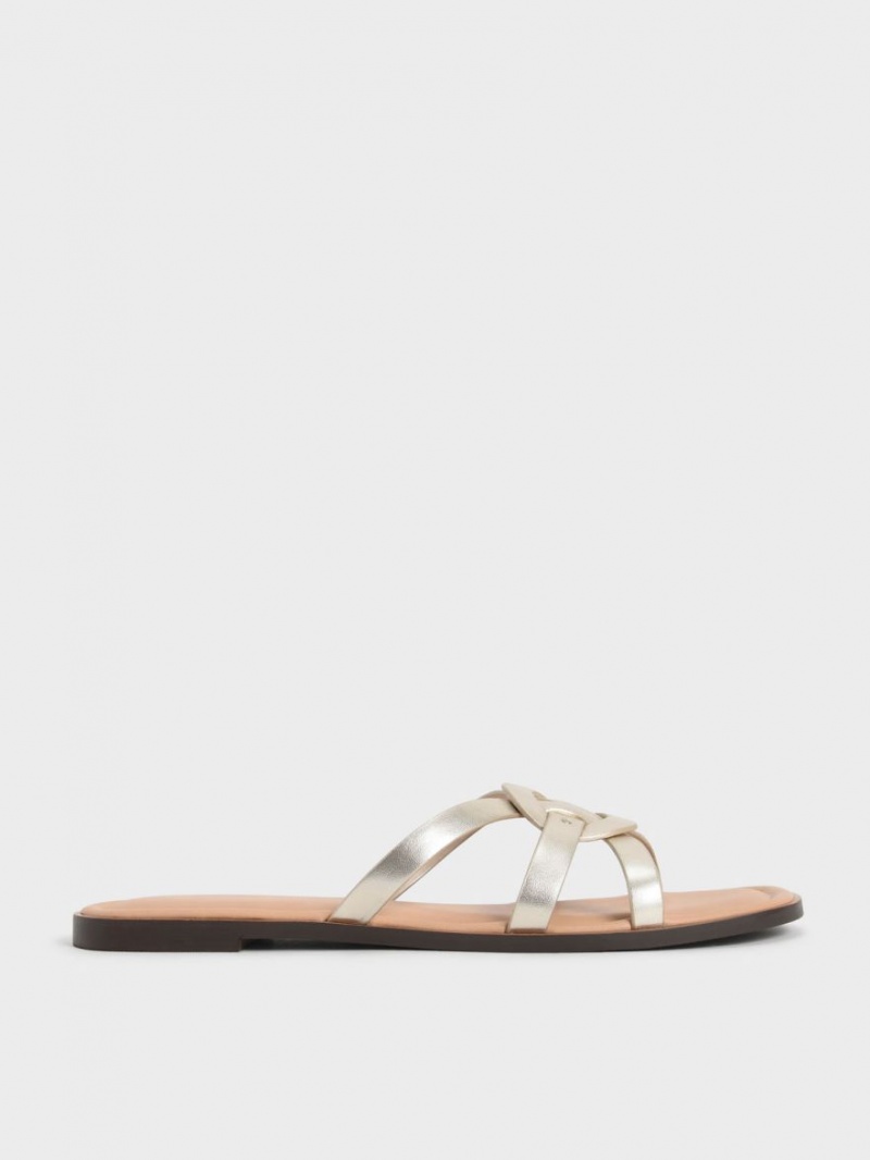 Charles & Keith Ring Detail Metallic Strappy Flats Badesandaler Gull | JZHOI9805