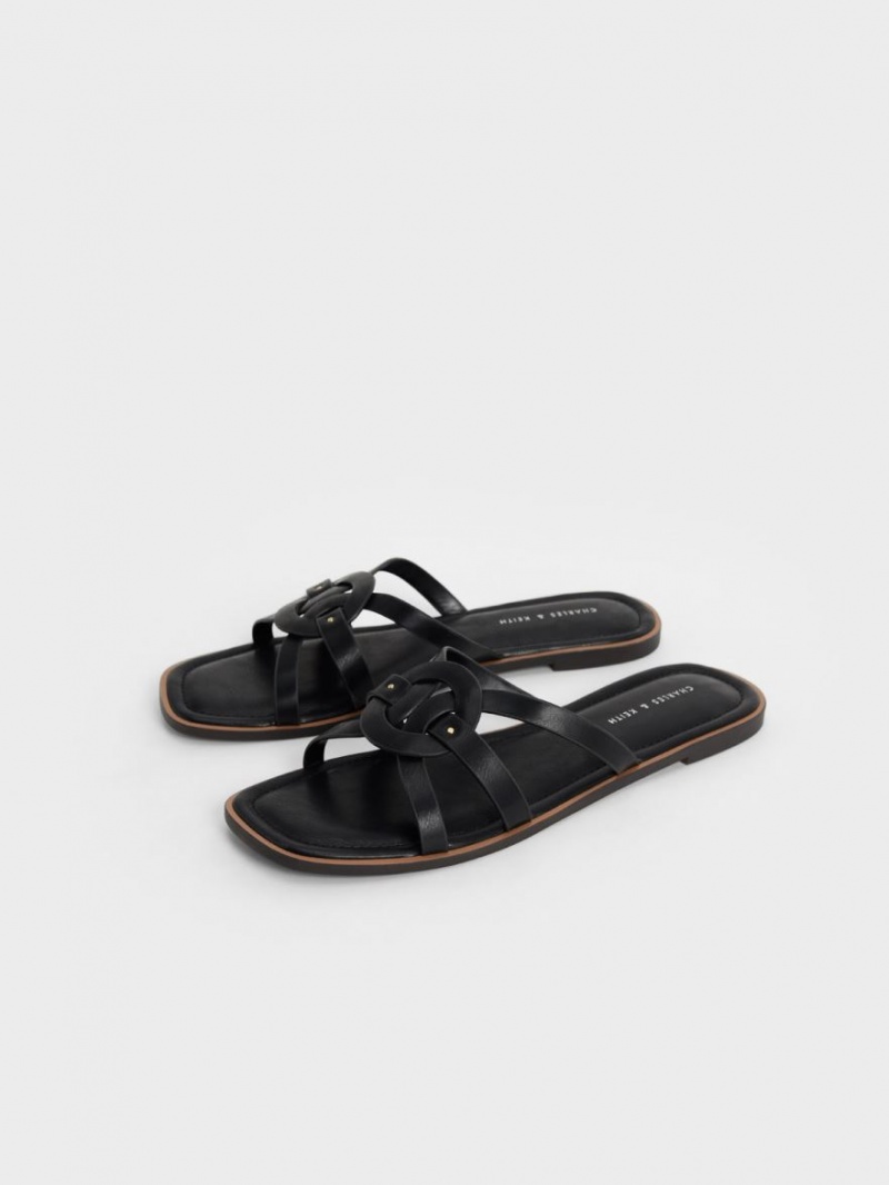 Charles & Keith Ring Detail Strappy Flats Badesandaler Svarte | DJSAB7860