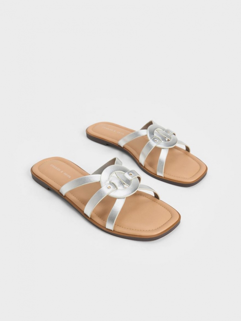 Charles & Keith Ring Detail Strappy Flats Badesandaler Sølv | LOZFU3419