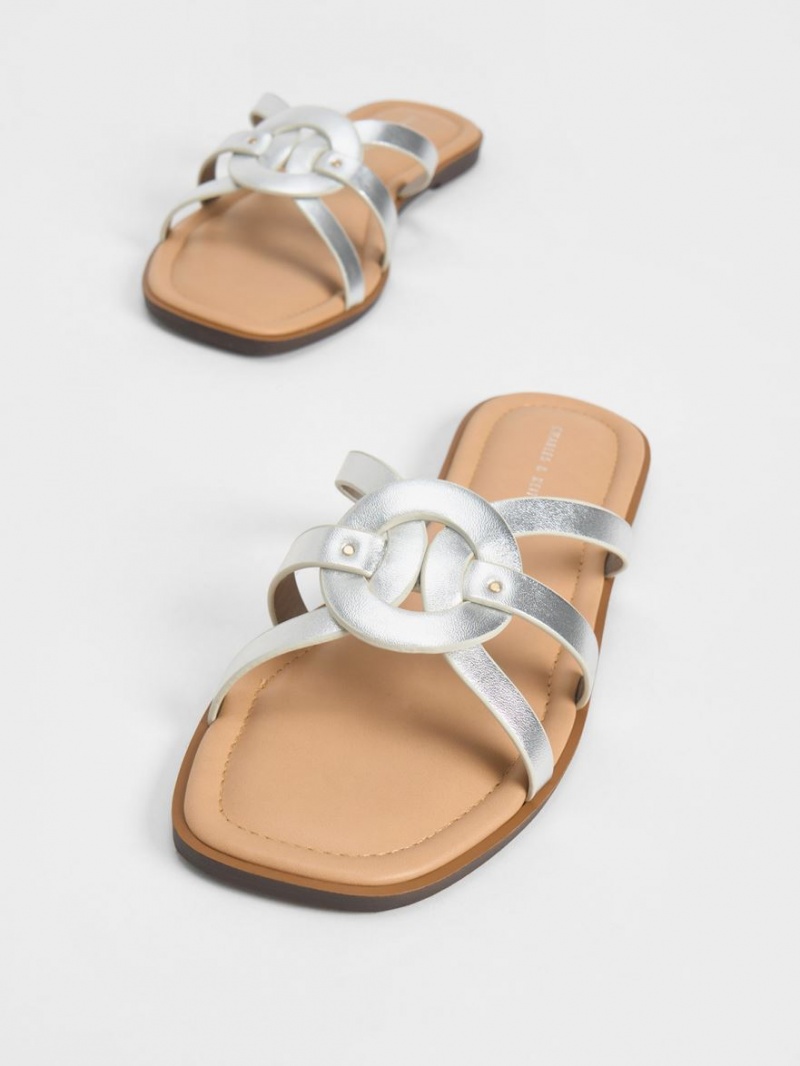 Charles & Keith Ring Detail Strappy Flats Badesandaler Sølv | LOZFU3419