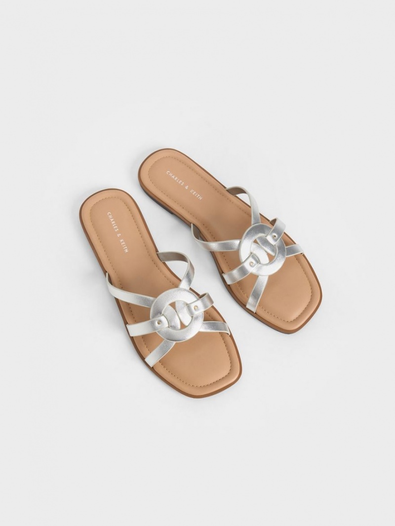 Charles & Keith Ring Detail Strappy Flats Badesandaler Sølv | LOZFU3419