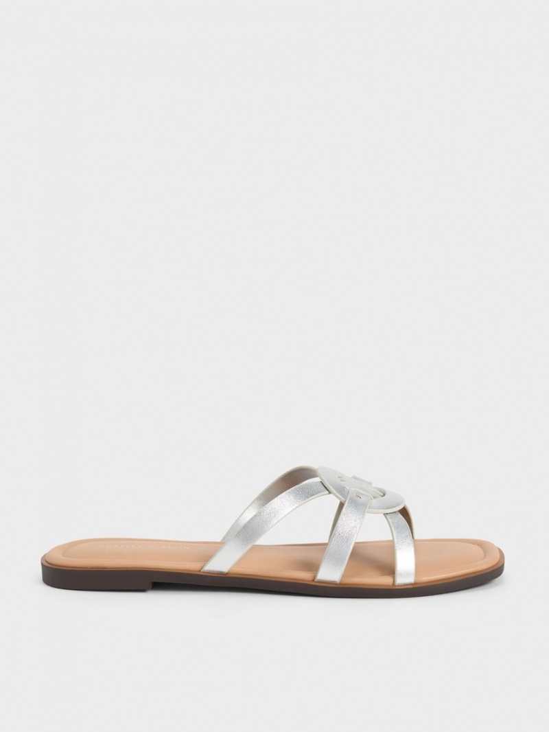 Charles & Keith Ring Detail Strappy Flats Badesandaler Sølv | LOZFU3419