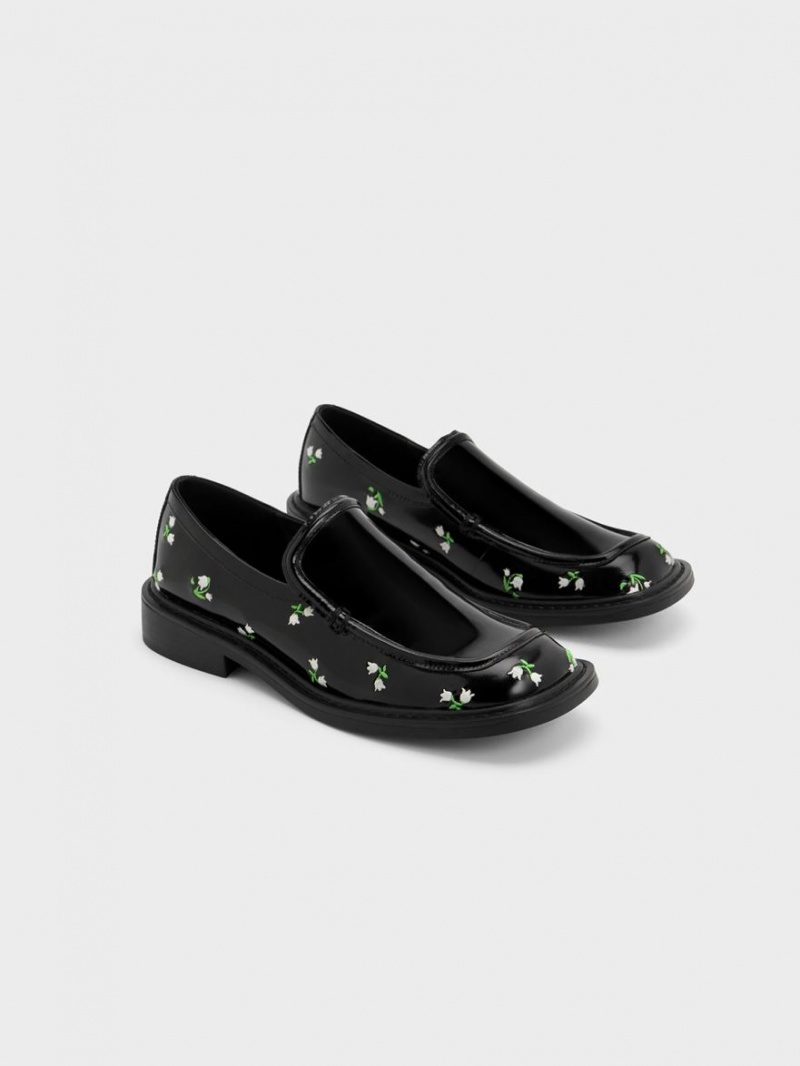 Charles & Keith Rosalie Floral Lær Loafers Svarte | MOUIA9306