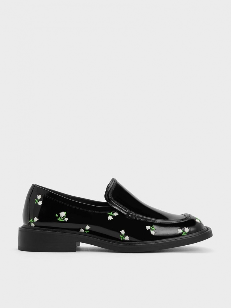 Charles & Keith Rosalie Floral Lær Loafers Svarte | MOUIA9306