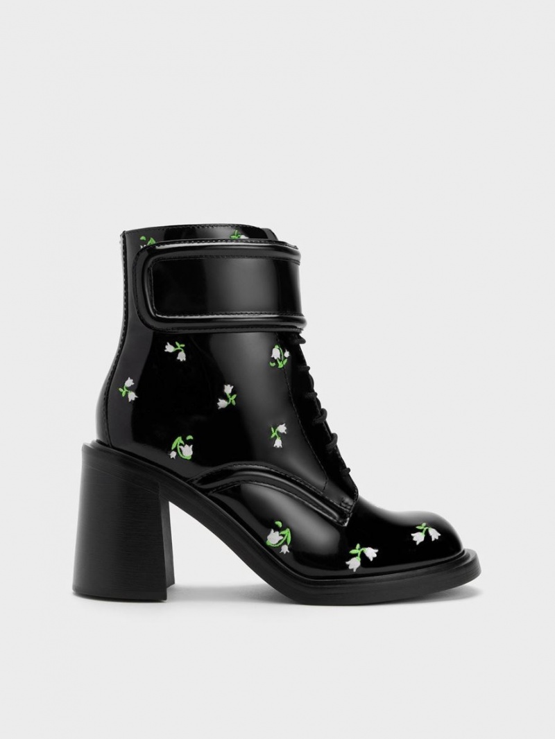 Charles & Keith Rosalie Lær Floral Støvletter Svarte | WXCHF8362