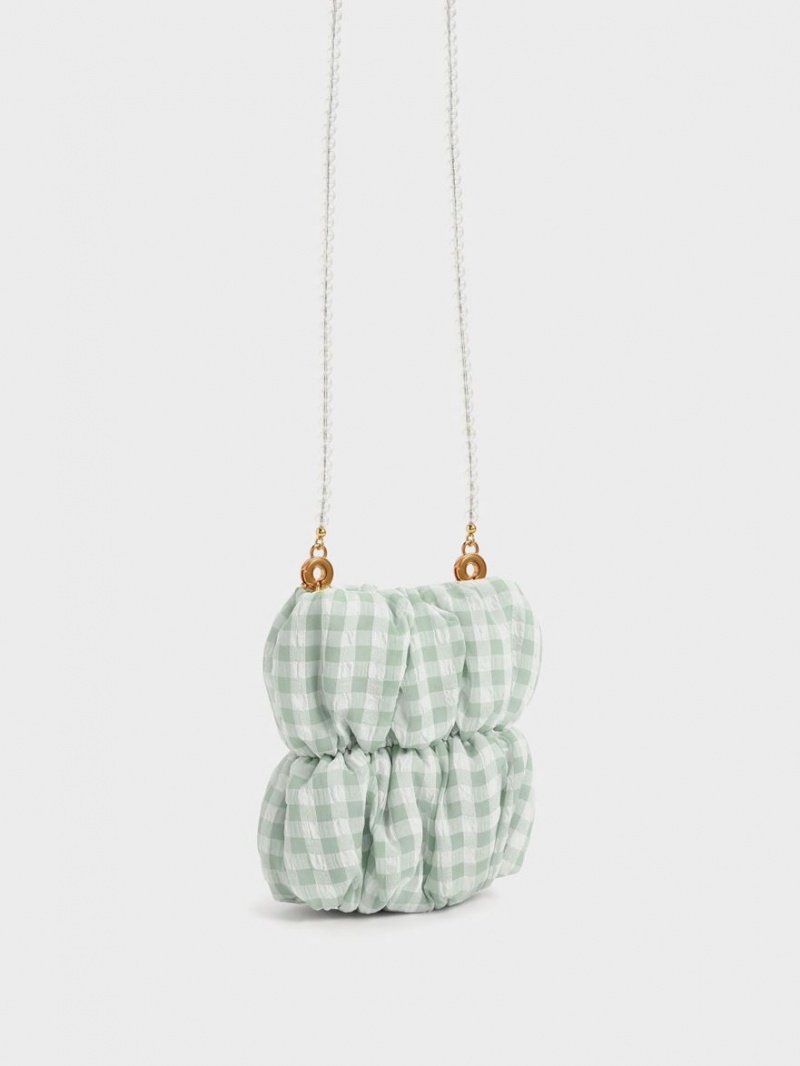 Charles & Keith Ruched Bead-Handle Check-Print Crossbody Veske Grønn | DTNRM7093