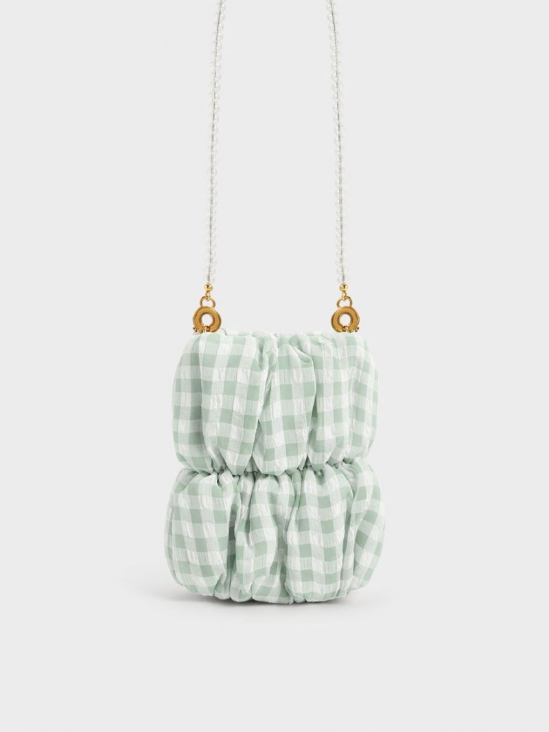 Charles & Keith Ruched Bead-Handle Check-Print Crossbody Veske Grønn | DTNRM7093