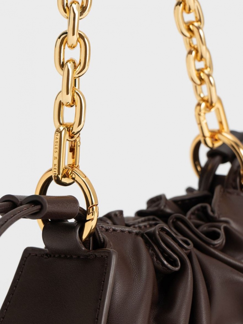 Charles & Keith Ruched Chain Handle Drawstring Skulderveske Mørke Brune | LFZGJ4860