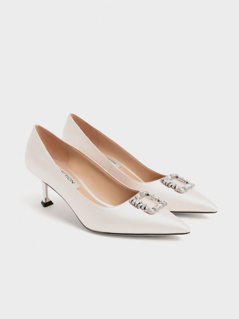 Charles & Keith Satin Gem-Embellished Kitten Heel Pumps Pisket Krem | JORAG0698