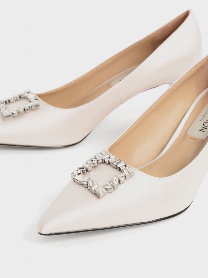 Charles & Keith Satin Gem-Embellished Kitten Heel Pumps Pisket Krem | JORAG0698