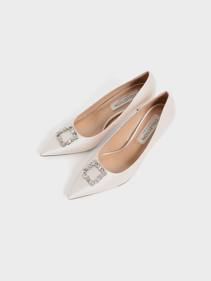 Charles & Keith Satin Gem-Embellished Kitten Heel Pumps Pisket Krem | JORAG0698