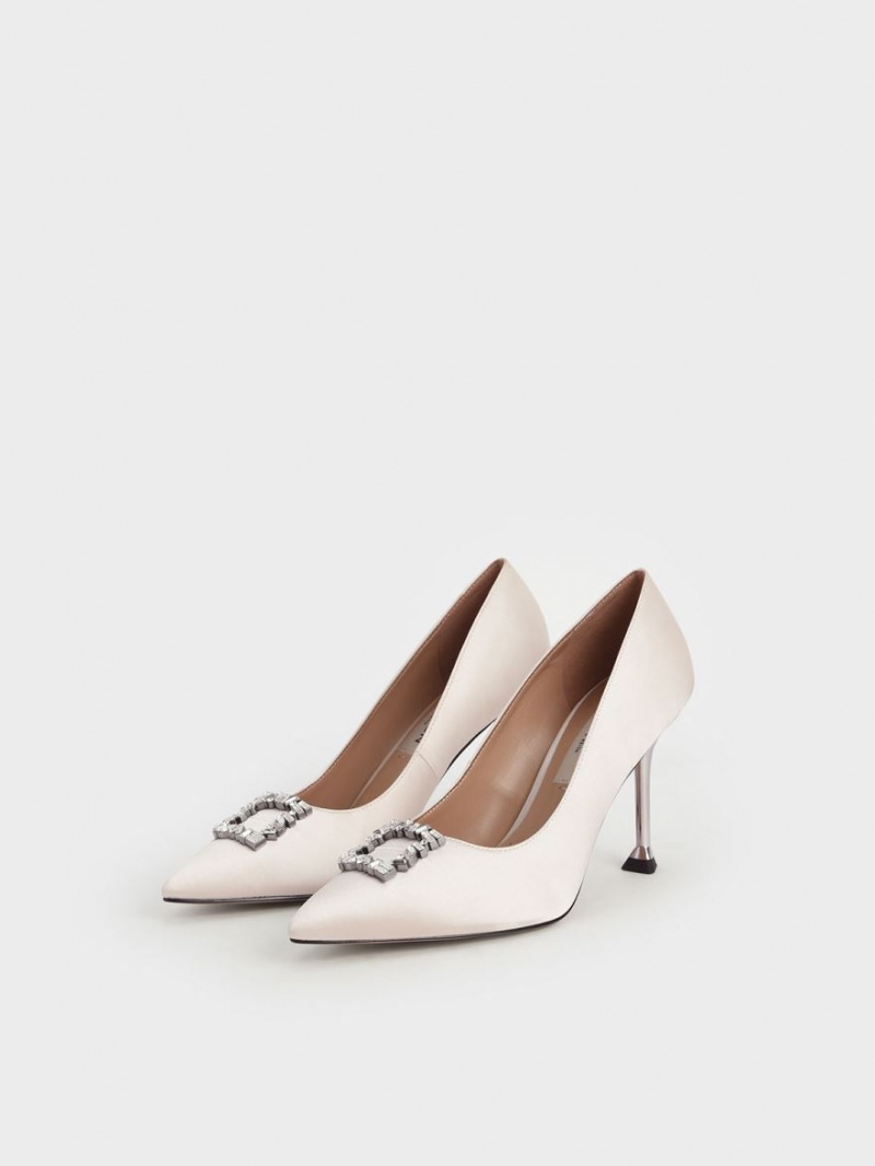 Charles & Keith Satin Gem-Embellished Pumps Pisket Krem | TFVID3924