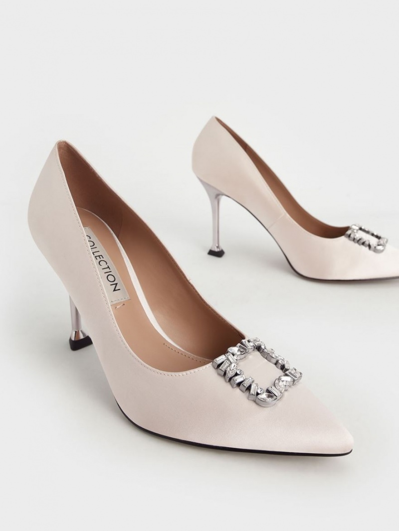 Charles & Keith Satin Gem-Embellished Pumps Pisket Krem | TFVID3924