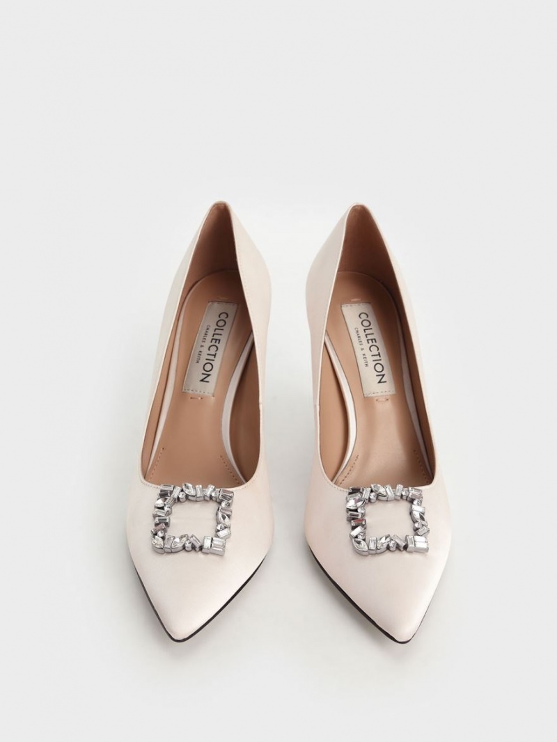 Charles & Keith Satin Gem-Embellished Pumps Pisket Krem | TFVID3924