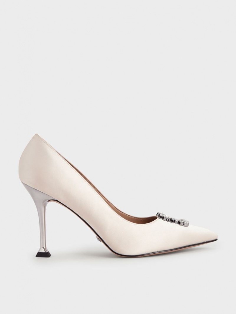 Charles & Keith Satin Gem-Embellished Pumps Pisket Krem | TFVID3924