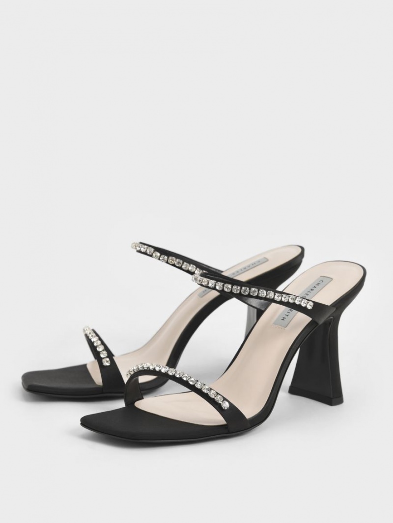 Charles & Keith Satin Gem-Encrusted Sandaler med Hæl Svarte | YDEBG6597