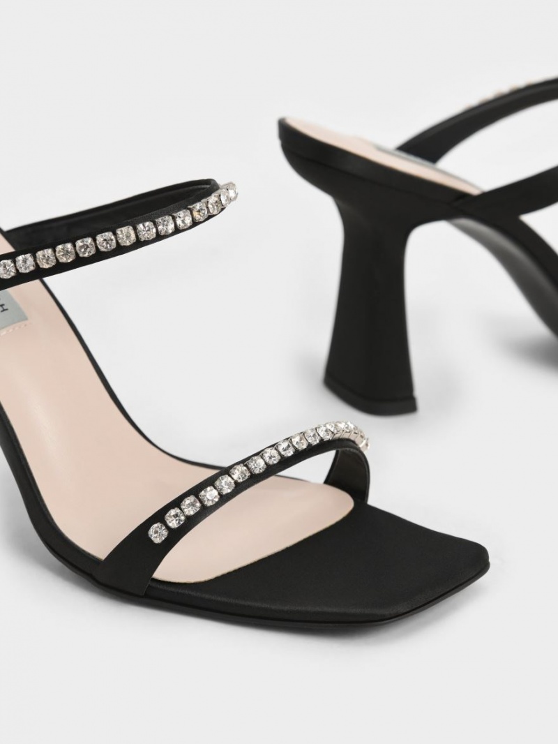 Charles & Keith Satin Gem-Encrusted Sandaler med Hæl Svarte | YDEBG6597