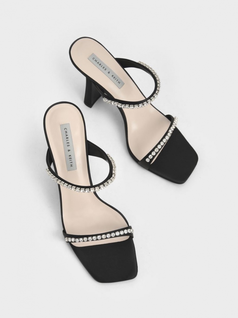 Charles & Keith Satin Gem-Encrusted Sandaler med Hæl Svarte | YDEBG6597