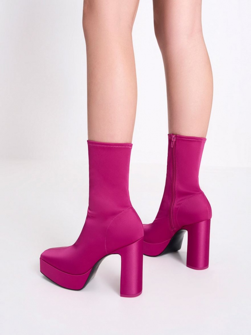 Charles & Keith Satin Platform Block Heel Støvletter Fuchsia | JKBUH4832