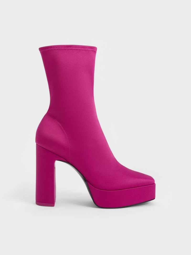 Charles & Keith Satin Platform Block Heel Støvletter Fuchsia | JKBUH4832