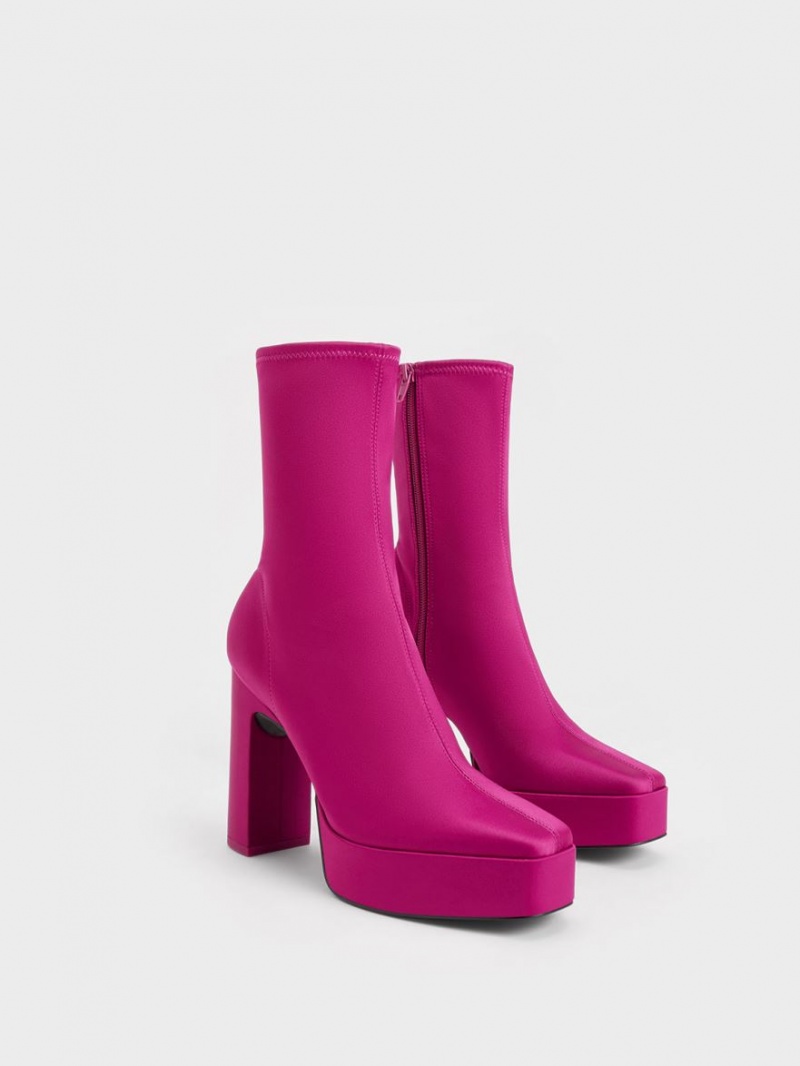 Charles & Keith Satin Platform Block Heel Støvletter Fuchsia | JKBUH4832