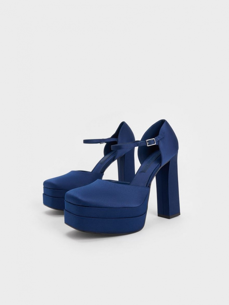 Charles & Keith Satin Platform D'Orsay Pumps Mørke Blå | TRDLW0835