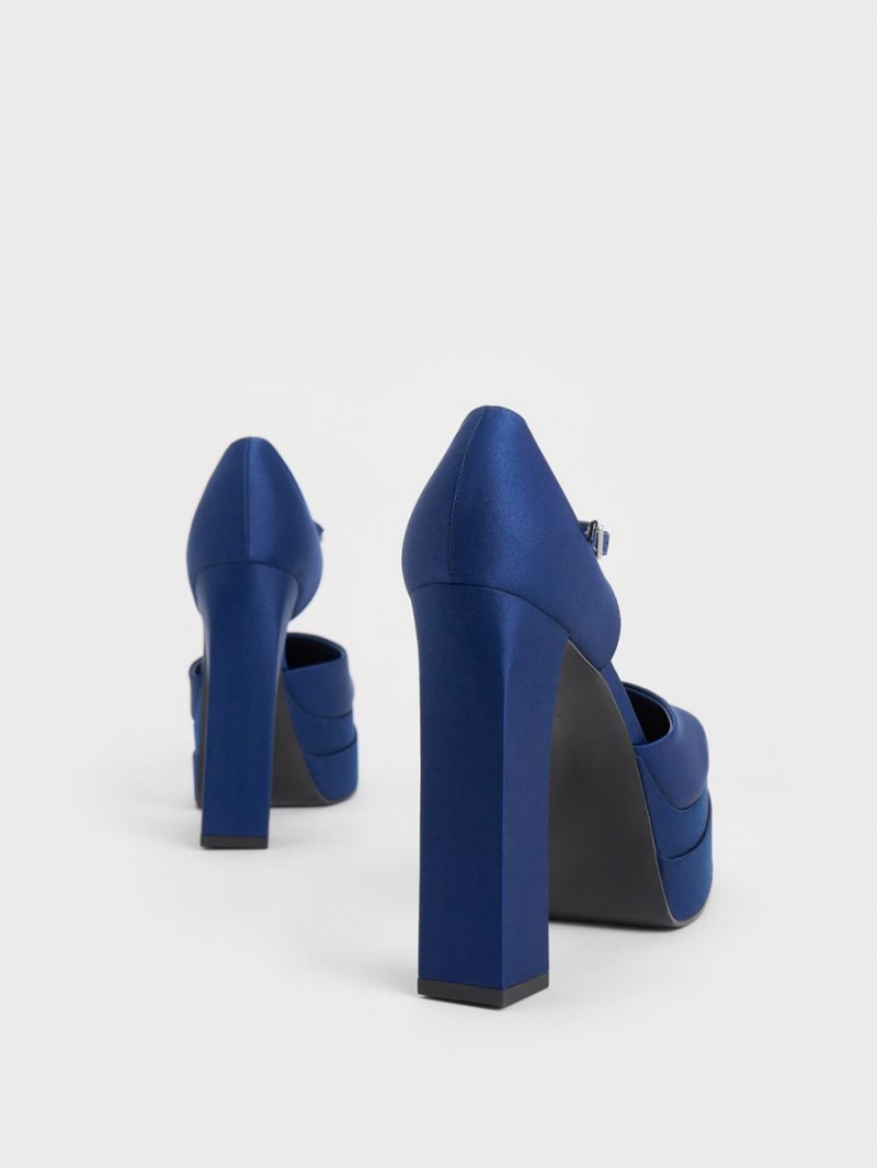 Charles & Keith Satin Platform D'Orsay Pumps Mørke Blå | TRDLW0835