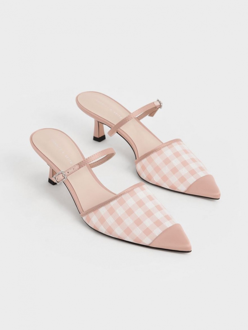 Charles & Keith Satin & Check-Print Embellished-Spenne Mules Sko Rosa | FXSTB9184