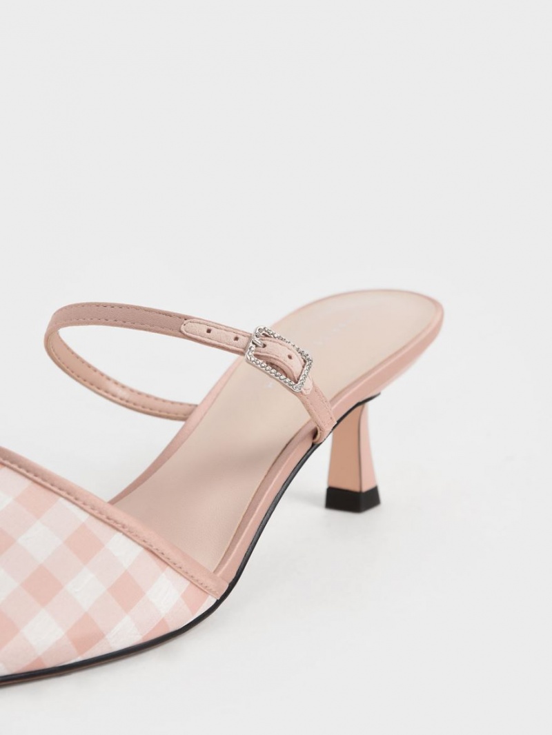 Charles & Keith Satin & Check-Print Embellished-Spenne Mules Sko Rosa | FXSTB9184