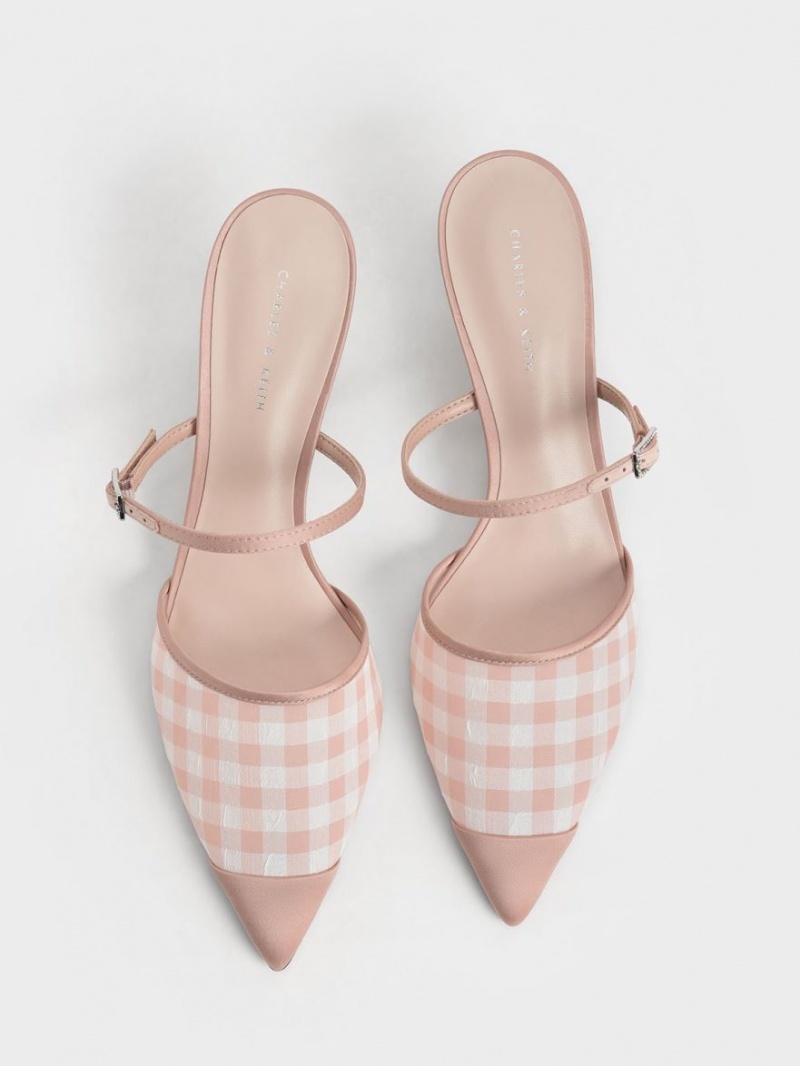 Charles & Keith Satin & Check-Print Embellished-Spenne Mules Sko Rosa | FXSTB9184