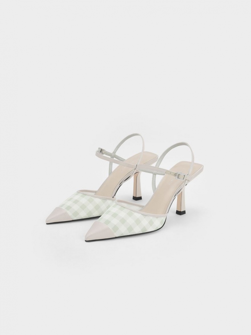 Charles & Keith Satin & Check-Print Fabric Ankle-Reima Pumps Lyse Grønn | MUTFY9712