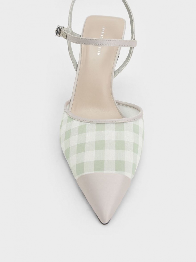 Charles & Keith Satin & Check-Print Fabric Ankle-Reima Pumps Lyse Grønn | MUTFY9712