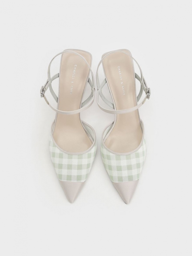 Charles & Keith Satin & Check-Print Fabric Ankle-Reima Pumps Lyse Grønn | MUTFY9712