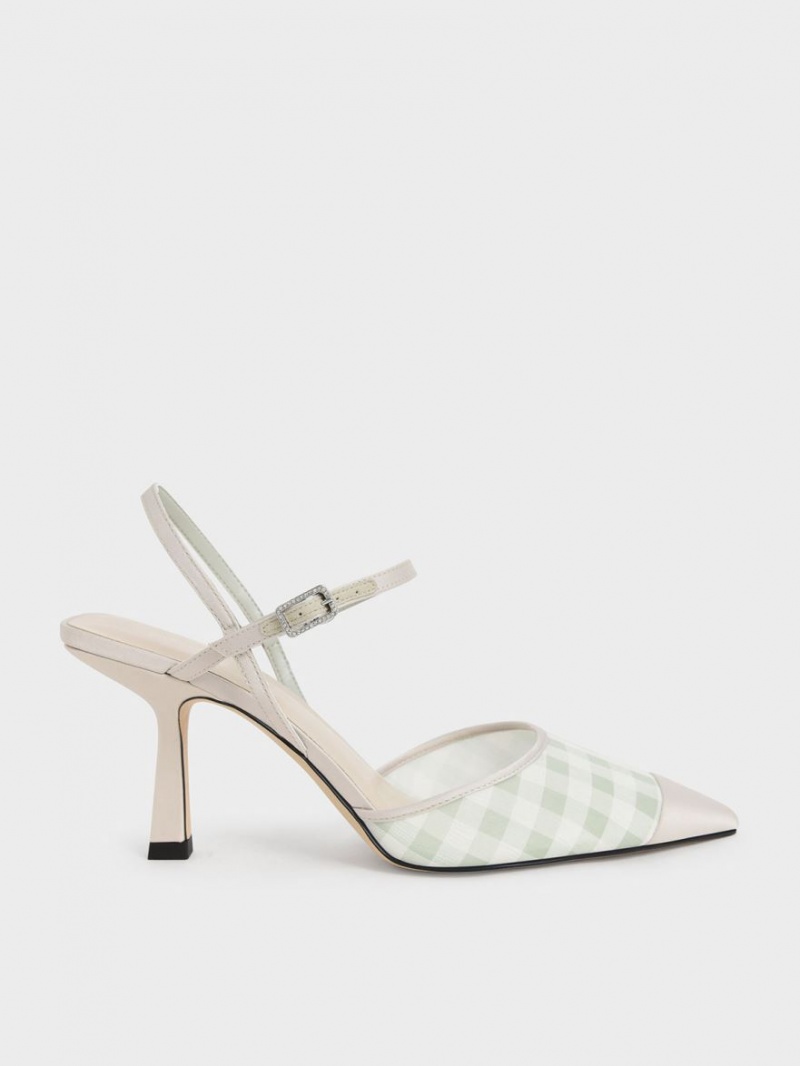 Charles & Keith Satin & Check-Print Fabric Ankle-Reima Pumps Lyse Grønn | MUTFY9712