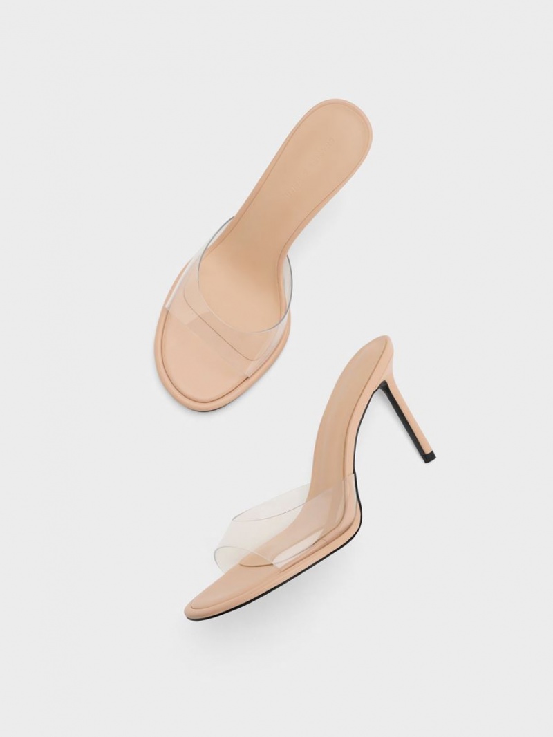 Charles & Keith See-Through Cylindrical Heel Mules Sko Beige | YLSHM0562