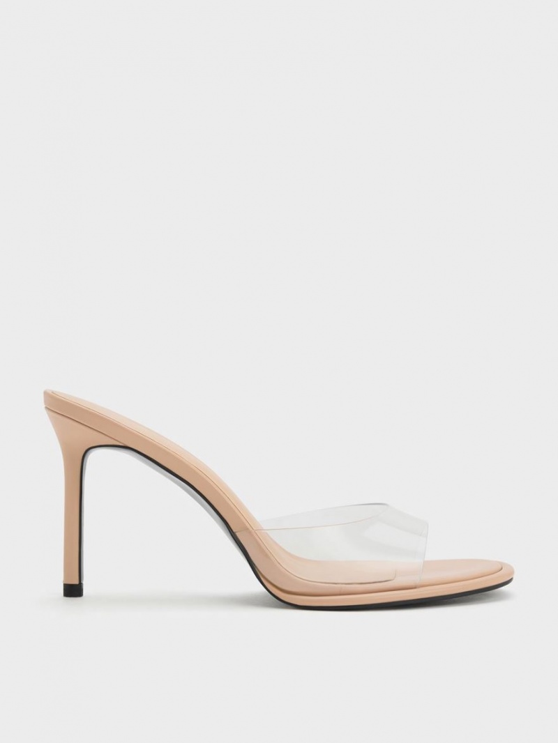 Charles & Keith See-Through Cylindrical Heel Mules Sko Beige | YLSHM0562