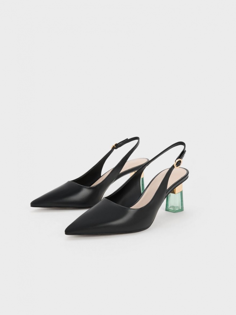 Charles & Keith See-Through Trapeze Heel Slingback Pumps Svarte | PMKLW4356