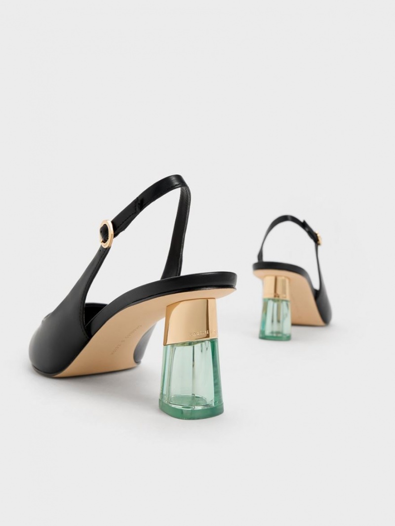 Charles & Keith See-Through Trapeze Heel Slingback Pumps Svarte | PMKLW4356